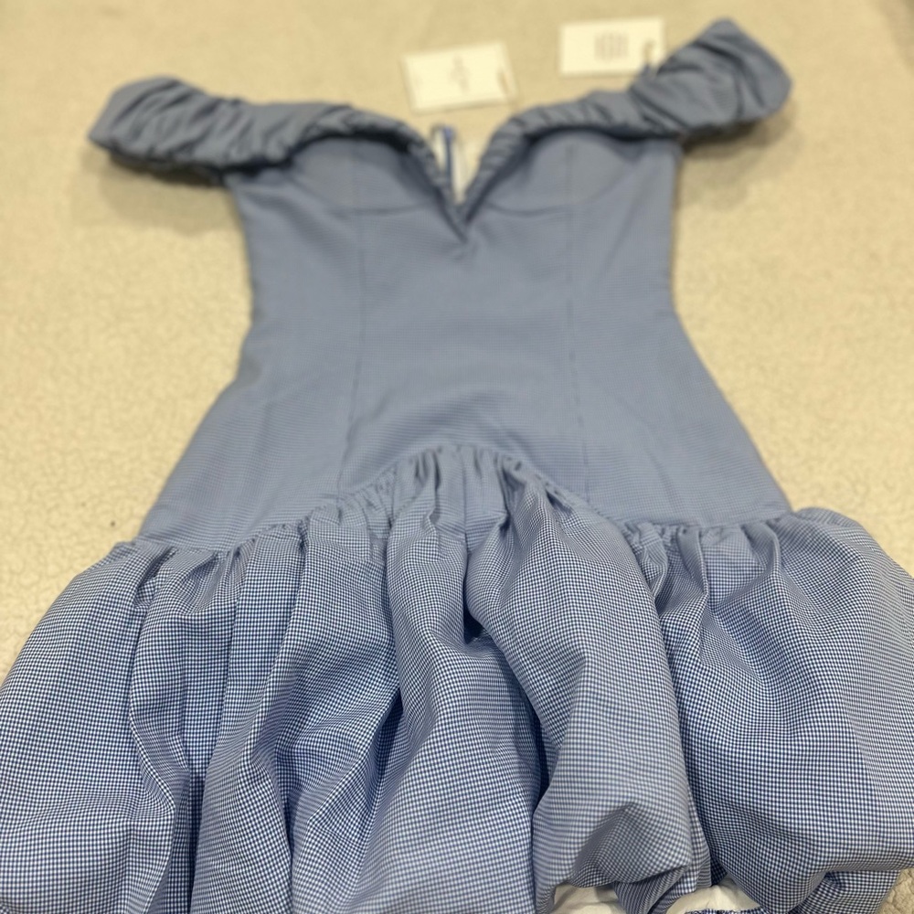 Off-Shoulder Mini Dress in Light Blue Gingham